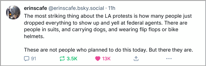 erinscafe: "The most striking things about the LA protests is how many people just dropped everything to show up and yell at federal agents. There are people in suits, and carrying dogs, and wearing flip flops or bike helmets. These are not people who planned to do this today. But there they are."